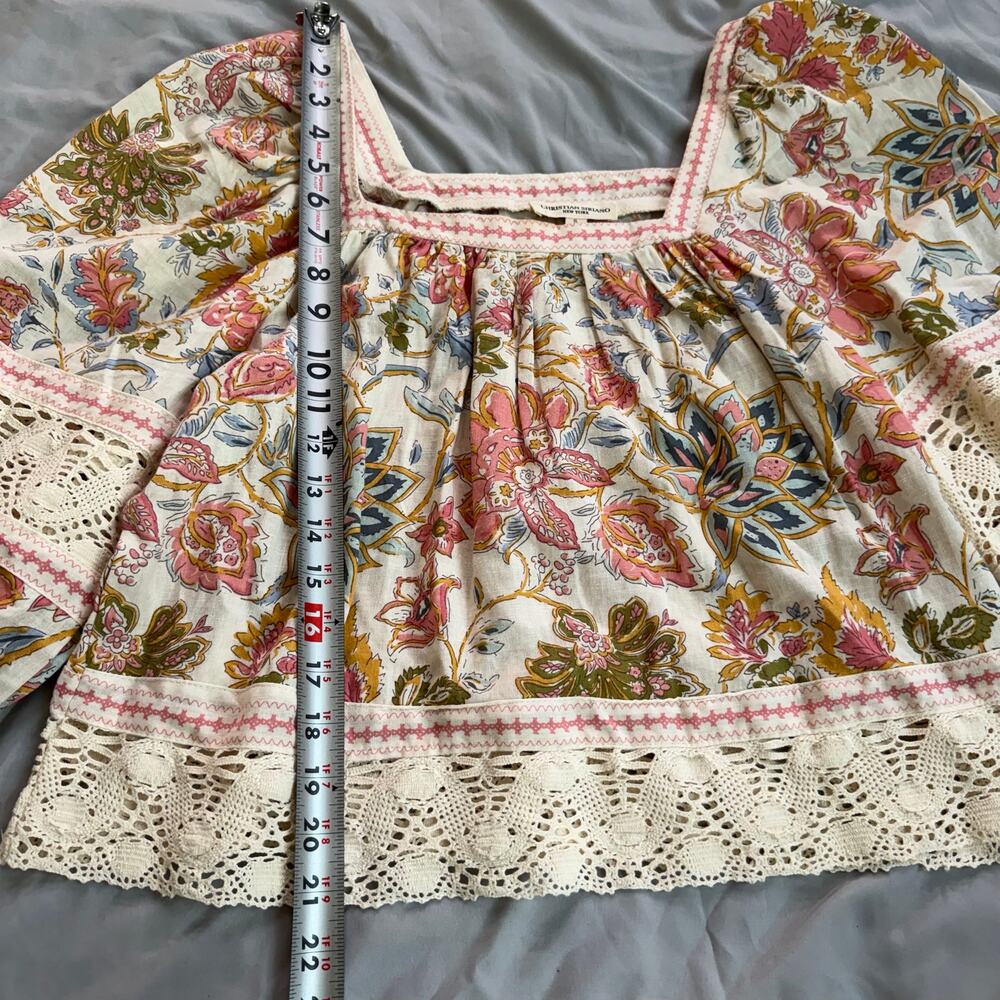 Christian Siriano Floral Peasant Blouse Crochet Lace Trim Linen Blend Small - Picture 10 of 10